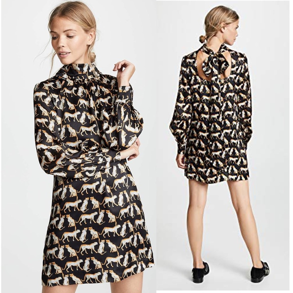 Milly Black Cream and Gold Leopard Print Long Sleeve Mini Dress